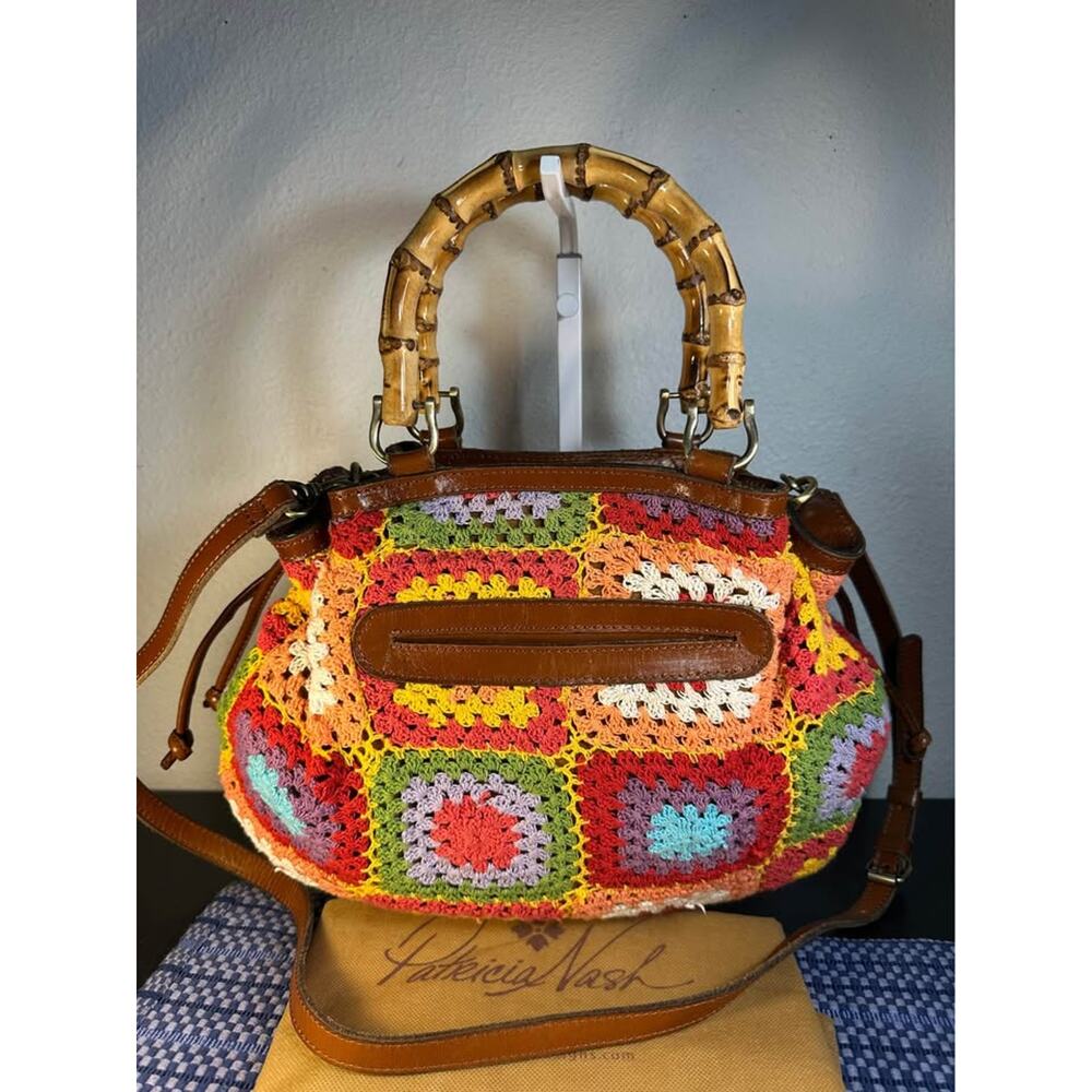 Patricia Nash Cantinella Multi Crochet Bag with Bamboo Handles Boho Satchel - Picture 2 of 7